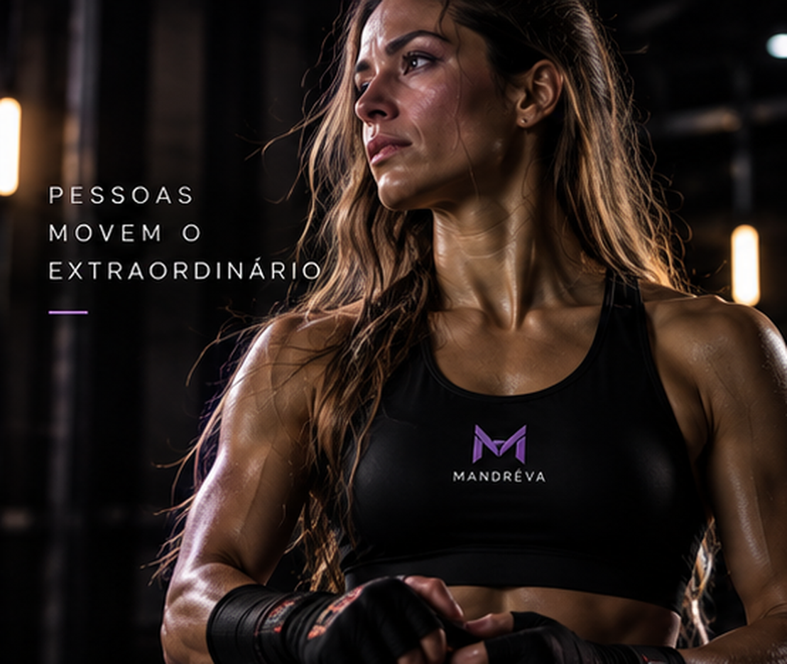 Campanha MANDRÊVA WEAR: atleta com roupa fitness preta e identidade visual da marca.