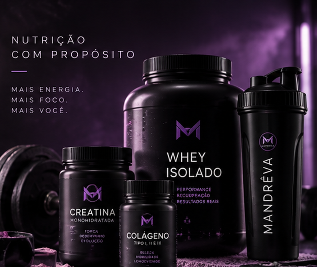 Linha de suplementos MANDRÊVA NUTRITION em embalagens pretas com identidade roxa.
